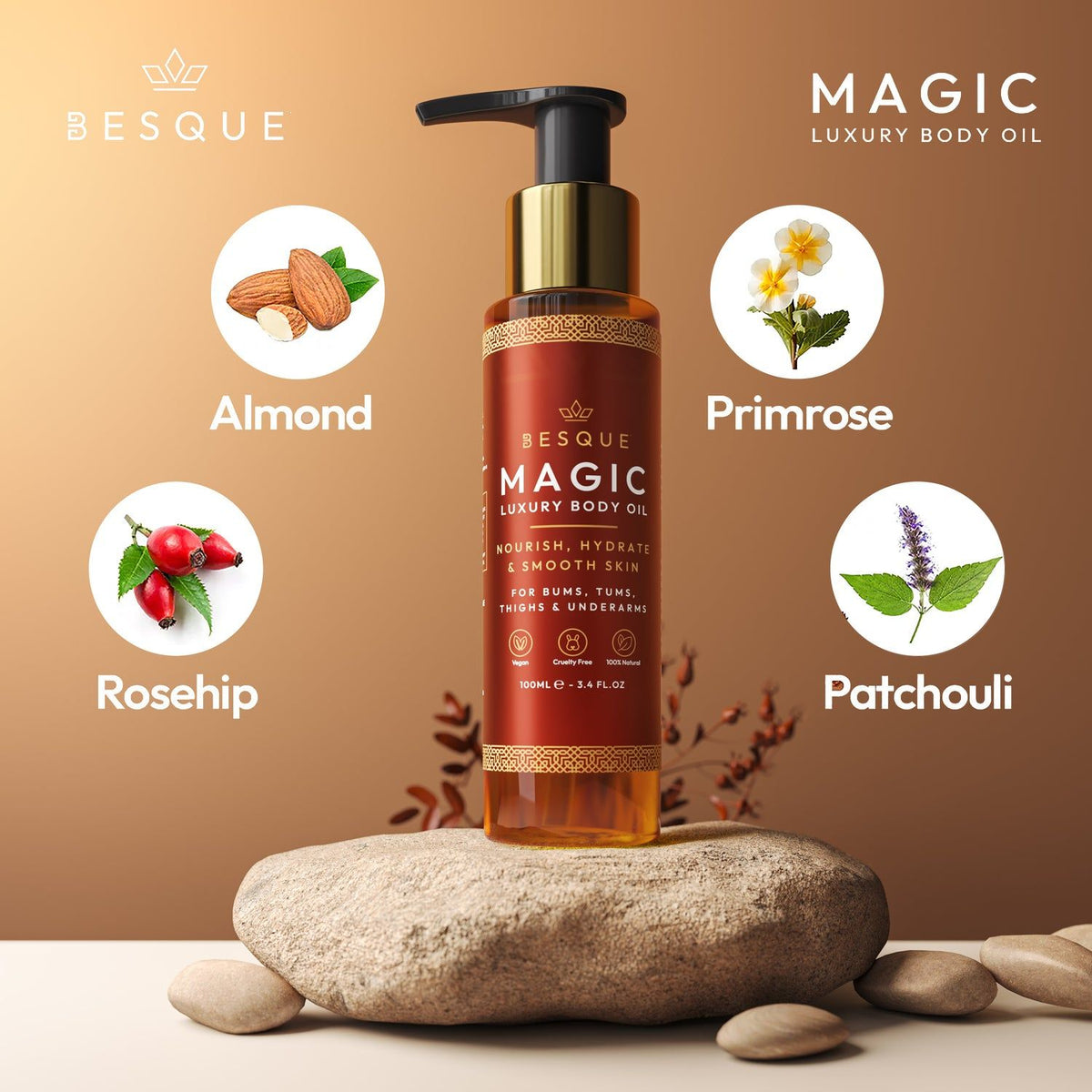 Besque Magic 3.4 OZ Luxury Body Oil – Hydrating & Skin Firming Care